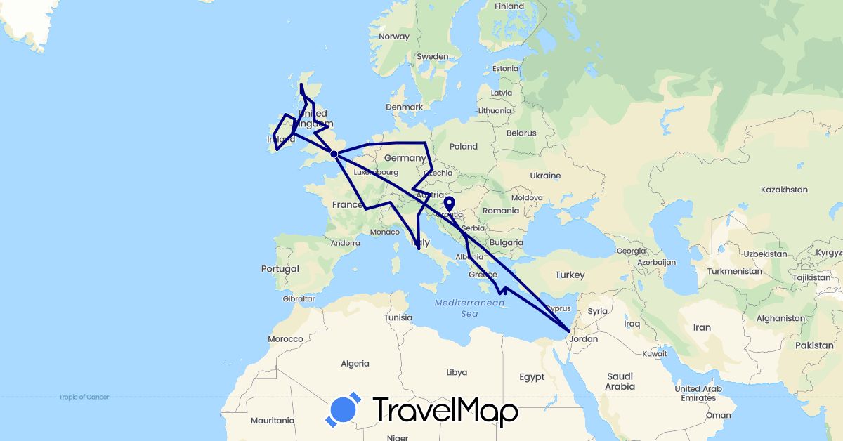 TravelMap itinerary: driving in Albania, Austria, Switzerland, Czech Republic, Germany, France, United Kingdom, Greece, Croatia, Ireland, Israel, Italy, Montenegro, Netherlands (Asia, Europe)